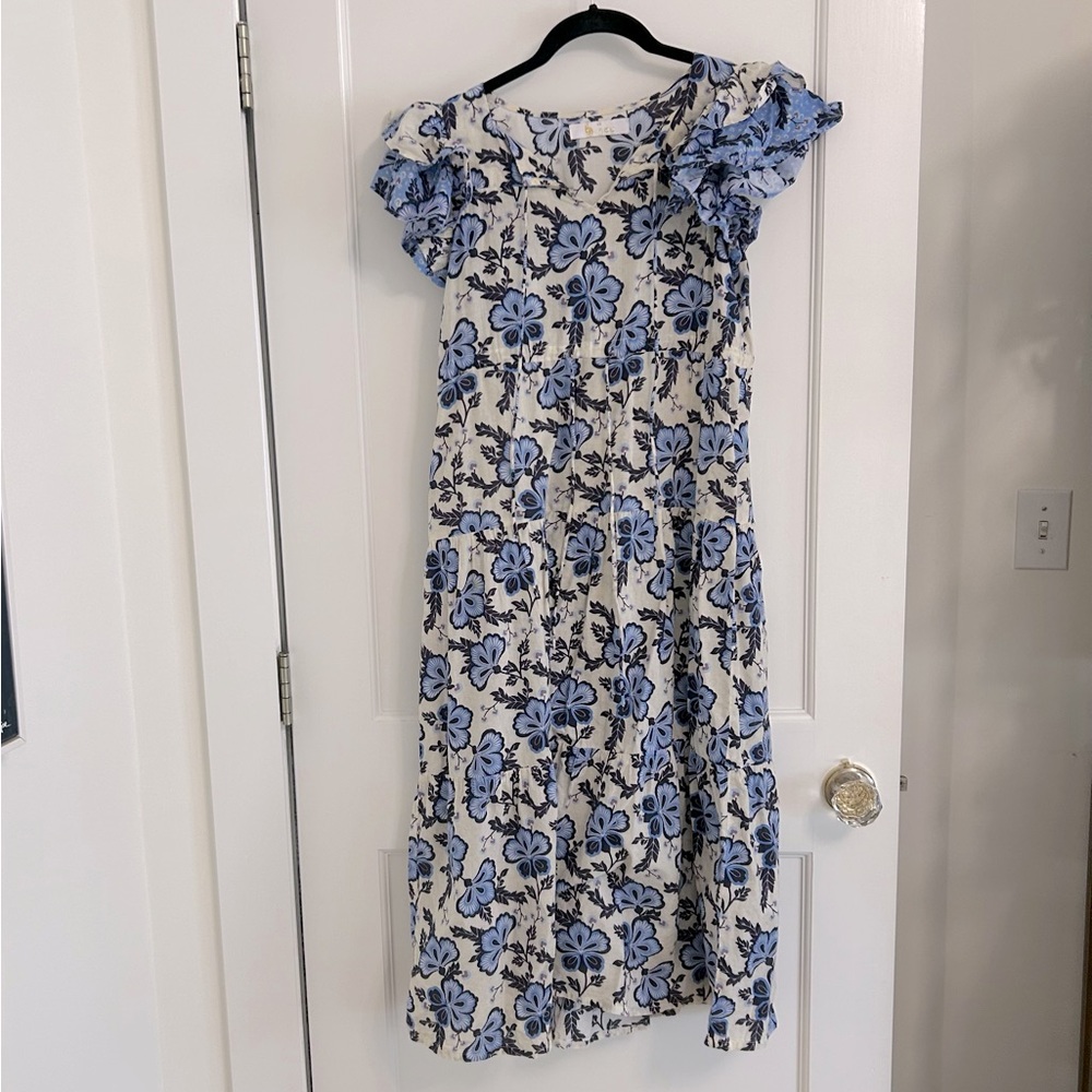Bindu Womens 100% Cotton Midi Dress Blue V-Neck Floral Tiered Ruffle Sleeve XS